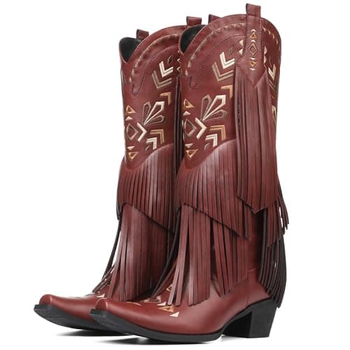 SaraIris Women's Red Cowgirl Boots Knee High Fringe Tassel Western Pointed Toe Wide Calf Cowboy Boots for Women - Thumbnail 4