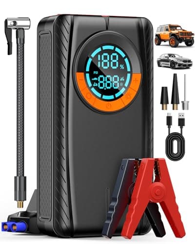 HIPOM Jump Starter with Air Compressor, Car Battery Jump Starter (8.0 Gas/7.0L Diesel), Battery Jumper Starter Portable Jump Box, 12V Portable Car Jump Starter with Tire Inflator, LED Light (Classic)