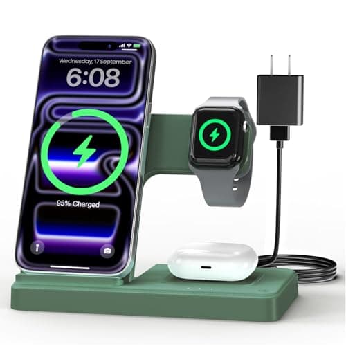 Wireless Charger Stand Charging Station: 3 in 1 Charger Multiple Devices for Apple iPhone 17 16e 16 15 14 Pro Max 13 12 11 for Watch 11 10 9 8 7 6 5 4 3 2 SE and Ultra & Airpods Series, Dark Green - Image 1