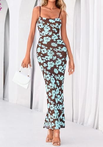 BTFBM Womens Maxi Dress 2026 Spring Floral Sexy Spaghetti Straps Sleeveless Bodycon Summer Beach Wedding Guest Dresses(Floral Blue, XX-Large) - Thumbnail 4