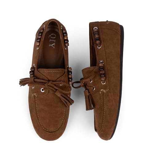 QIY Brown Suede Flats Loafers for Women Fringe Beaded Moccasins Dressy Lace up Driving Loafers Comfortable Lightweight Office Casual Wear Flats Size 10 - Thumbnail 4
