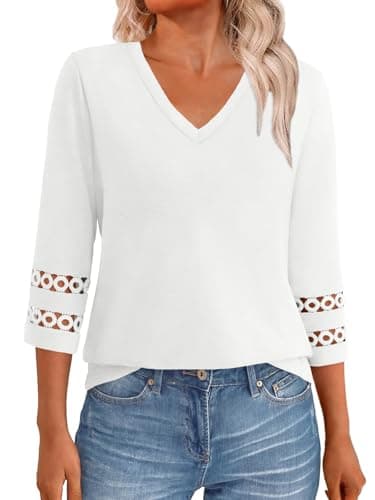 GKBK 3/4 Length Sleeve Womens Tops Dressy Casual Blouses for Women 2026 Trendy Lace Tunic Business V Neck Outfits Tshirts T Shirts Spring Summer Fashion Clothes White S - Image 1