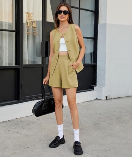 Casly Lamiit Two Piece Short Sets for Women 2025 Summer Sleeveless Work Waistcoat Dressy Casual Outfits Matching Professional Casual Suit Mustard Yellow L - Thumbnail 6