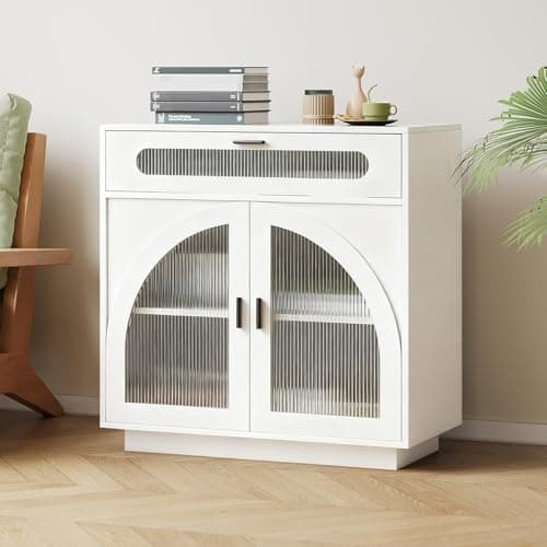 ALWXIA Sideboard Buffet Cabinet with Storage, 31.5” Farmhouse Curved Design Accent Cabinet with Acrylic Doors & Adjustable Shelves, Modern Coffee Bar (Sideboard W/Drawers_White, 1Pc) - Image 1