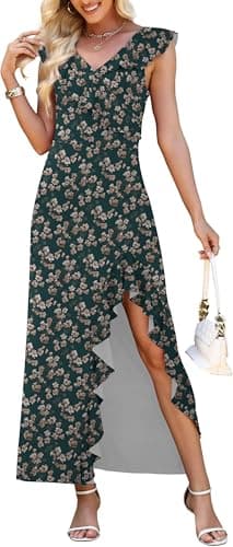 WEACZZY Women's V Neck Sexy Split Cocktail Dress with Pockets Ruffle Party Long Formal Dress,C Green Gladiolus,S - Image 1