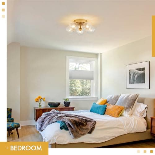 brfaixla Gold Ceiling Bubble Light Fixture Modern 5 Lights Swirled Clear Ribbed Blown Glass Ball Chandelier Semi Flush Mount Lighting Dia 12.6" for Hallway Entryway Kitchen Dining Room - Thumbnail 5