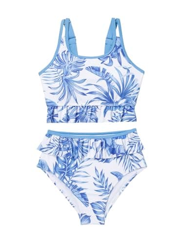 blibean Tween Girls Swimsuits Kids Two Piece Bikini Sets Teen Girl Summer Fashion Boho Hawaii Swim Bathing Suits Floral Ruffled Beach Swimwear Sets Traje Baño Niñas Size 14-15 Year Old Light Blue - Image 1