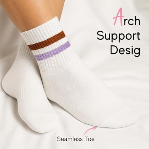 HONGTEYA Cotton Crew Socks for Women Cute Retro Striped Socks 5 Pairs with Arch Support Casual Athletic Vintage (Multicolor) - Thumbnail 5