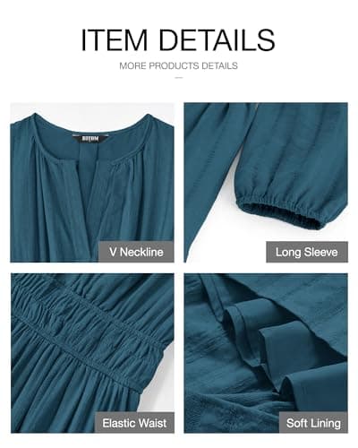 BTFBM Spring Dresses for Women 2026 Casual Long Sleeve V Neck Elastic Waist Lightweight Maxi Wedding Guest Dress Pockets(Lake Blue, Small) - Thumbnail 4