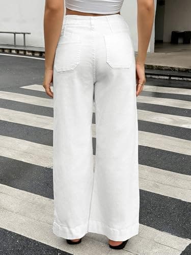 PEIHOT Womens High Waisted Wide Leg Jeans Trendy Stretchy Loose Straight Leg High Rise Flare Baggy Summer Denim Pants with Pocket 2025 White - Thumbnail 2