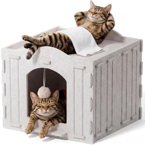 Apasiri Cat Bed Cave for Indoor Cats: New Felt Cat Bed with Fluffy Ball, Foldable Cat House with Scratch-Resistant Board, Hideaway Cat Cave for Timid Cats, Sturdy Two-Tier Cat Condo & Cat Houses - Image 1