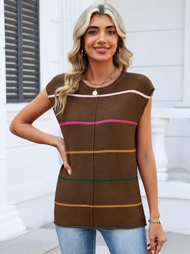 Bellcoco Womens Cap Sleeve Summer Tops Striped Sweater Vest Lightweight Casual Crewneck Loose Knit Pullover Tank Top Beach Vacation Outfits Coffee XL - Thumbnail 2