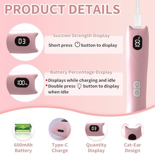 KOBAIBAN Electric Diamond Painting Pen with Light, Rechargeable Diamond Art Pens with Display Screen, 3 Suction Modes, Cordless Vacuum Pen for Diamond Painting, Adults DIY Crafts, Cat Ear Design - Thumbnail 6