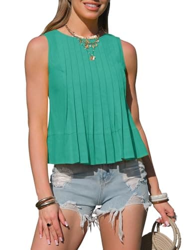 EXLURA Women's Cotton Linen Pleated Peplum Tank Tops Sleeveless Round Neck Babydoll Blouse Casual Summer Flowy Shirts 2026 Green - Image 1