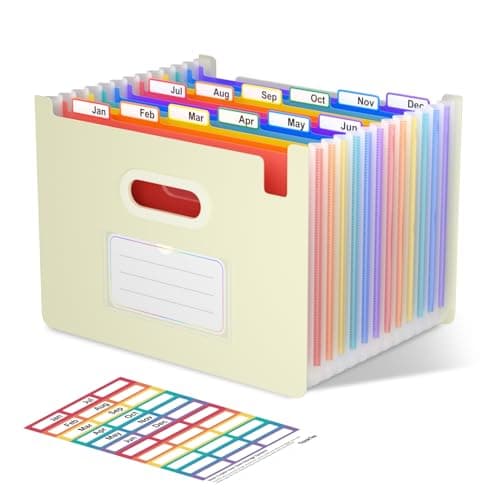 ThinkTex Accordion File Organizer, 12 - Pocket Expanding File Folders Upright & Open Top,for Paper Receipts, Bills&Taxes Organizer, Letter/A4 Size for School, Office, Home with tab- Beige Color