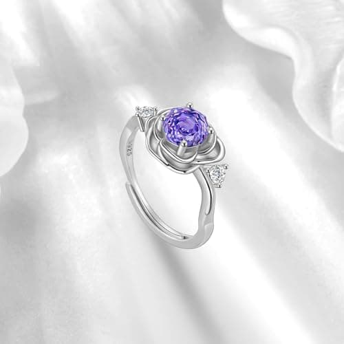 Rose Birthstone Ring - 925 Sterling Silver Rose Cut Cubic Zirconia December Tanzanite 3D Flower Adjustable Ring Engagement Promise Ring Birthday Jewelry Gift for Women Wife Daughter DR0166D - Thumbnail 3