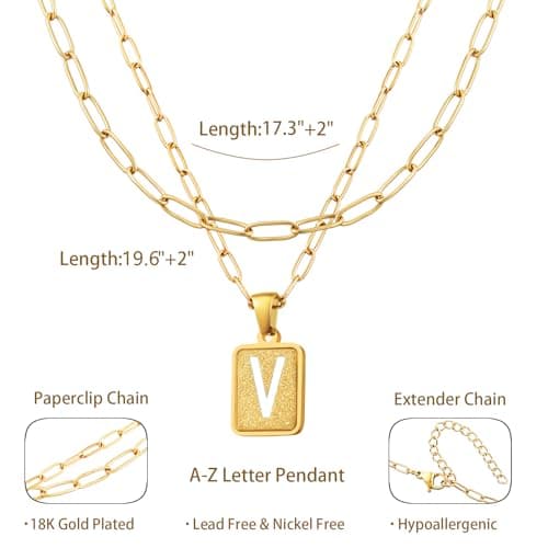 LETFLY Initial Gold Necklaces for Women, 18K Gold Plated Letter Layering Necklace Square Shaped Pendant with Adjustable Paperclip Chain for Womens Jewelry Gifts Alphabets V - Thumbnail 4