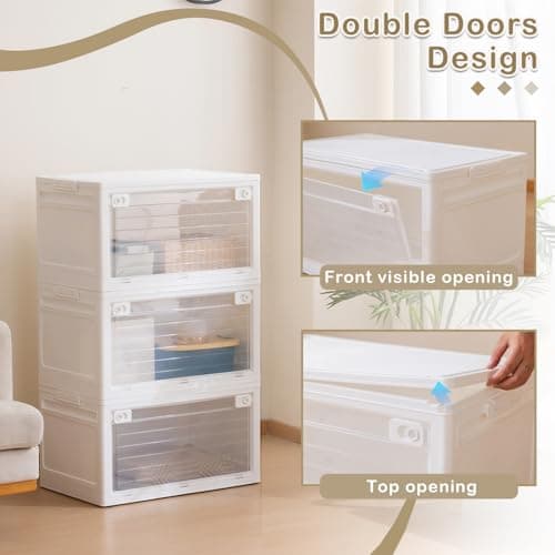 SOBIBO 3-Tier 101QT Stackable Storage Bins with Lid, Doors & Wheels, Collapsible Plastic Organizer Bins for Closet Bedroom, White - Thumbnail 5