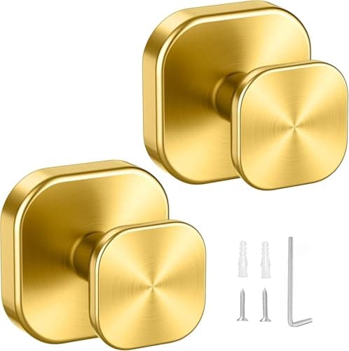 IMUMU Towel Hooks for Bathroom,Wall Mounted Towel Holder,Heavy Duty Stainless Steel Robe Hooks for Bathroom/Kitchen/Office(2-Pack,Gold) - Image 1