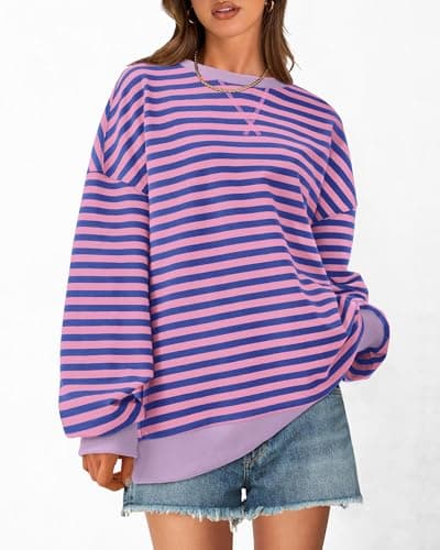 BTFBM Sweatshirt For Women 2026 Summer Crewneck Long Sleeve Oversized Striped Pullover Tops Y2K Clothes Workout Shirt(Blue Pink, X-Large) - Thumbnail 3