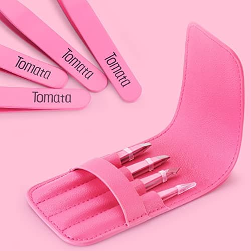 Tomata Tweezers for Eyebrows, Slant Tip and Pointed Eyebrow Tweezer Set Great Precision for Eyebrows Facial Hair, Ingrown Hair, Splinter, Blackhead and Tick Remover (4-piece) (pink) - Thumbnail 4
