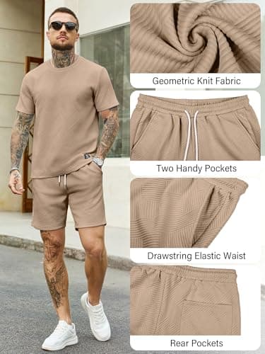 JEMLDL Mens 2 Piece Outfit Set Summer Jacquard T-Shirt Shorts Casual Short Sleeve Lounge Wear Clothing Sets for Men Dark Khaki L - Thumbnail 6
