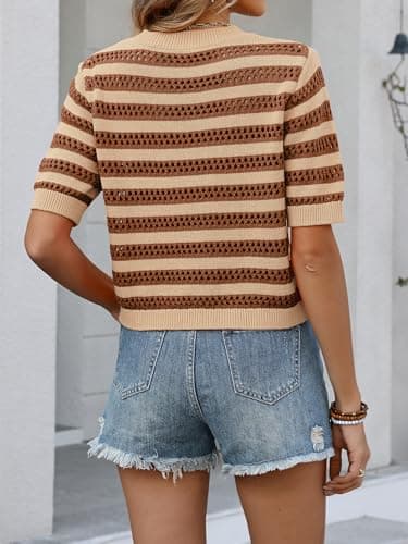 Bellcoco Crochet Tops for Women Spring Summer Short Sleeve Crop Pullover Sweater Top Vacation Outfits Beach Cover Ups Cute Hollow Out Short Sleeve Clothes 2026 Light French Beige XX-Large - Thumbnail 4