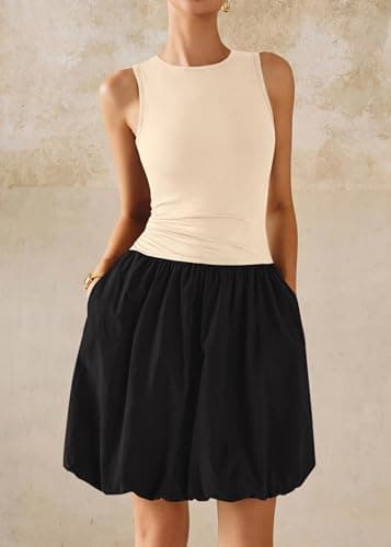 KIRUNDO Summer Bubble Dress for Women 2026 Casual Mini Spring Bodycon Cocktail Dresses Sleeveless Drop Waist Sundress Beach(Beige Black, Large) - Thumbnail 4