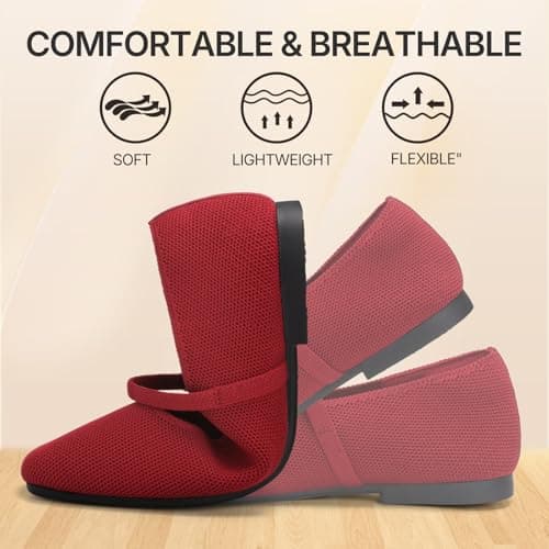 ATHMILE Square Toe Ballet Flats Mary Janes Shoes Women with Padded Heel & Adjustable Strap, Knit Slip-On Flats for Women for Office, Dressy & Casual, Machine Washable for Easy Care Red Size 10 - Thumbnail 4