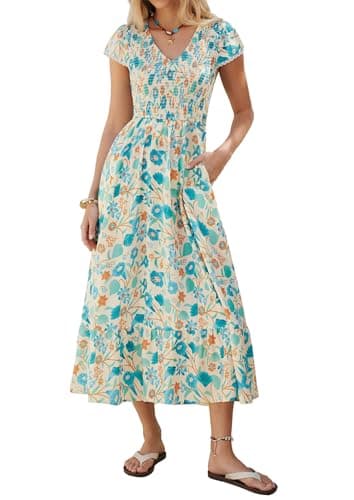 Summer Boho Floral Maxi Dresses for Women 2026, Short Sleeve Casual Beach Dress, Long Flowy Smocked Sun Dress with Pockets S - Image 1