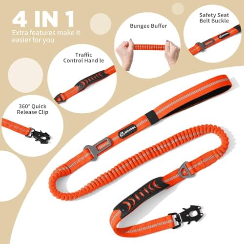 Heavy Duty Tactical Dog Leash, 4-6FT Shock Absorbing Bungee Leash with 2 Padded Handles, Metal Carabiner Clip, Car Seatbelt, Reflective leashes for Large Breed Dogs Medium Dog (Orange) - Thumbnail 3