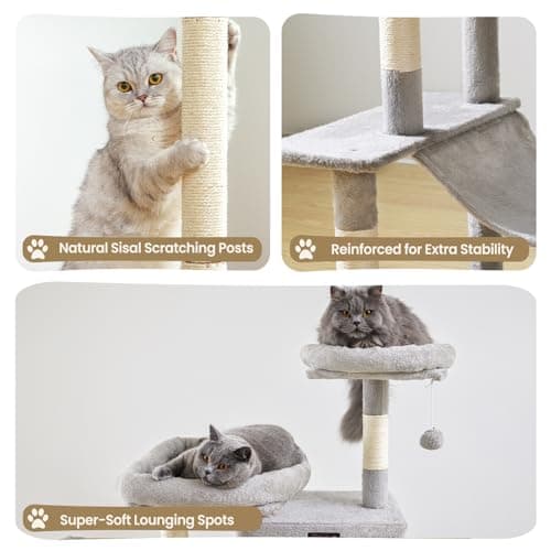 Large Cat Tree Tower for Indoor Cats Adult, 74.8 Inch Tall Multi-Level Kitty Condo with Scratching Posts, Perch, Hammock, Plush Bed for Big Cats, Modern Cat Furniture Heavy Duty (Light Grey) - Thumbnail 3