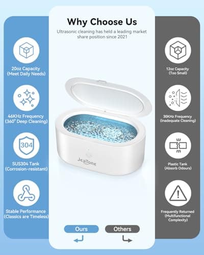 JeaTone Ultrasonic Jewelry Cleaner – 46kHz Sonic Cleaner for Rings, Glasses, Retainers, Dentures, Watches & More, 304 Stainless Steel 20oz Tank (White) - Thumbnail 2