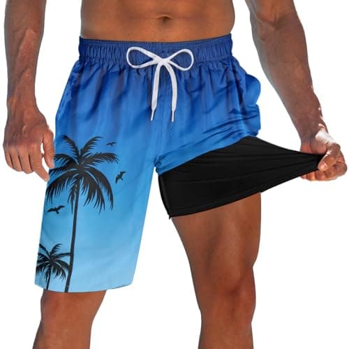 Swim Trunks Men with Compression Liner Stretch Blue White Swimming Trunks for Mens Novelty 9" Men Bathing Suit Beach Shorts Brief Liner Quick Dry Men's Board Shorts Suits Summer Swimwear L - Image 1