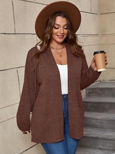 AusLook Women's Plus Size Lightweight Open Front Cardigan Dark Coffee 1X Causal Long Sleeve Sweater Cover Ups Jacket Shrugs Tops Shawls and Wraps Kimono - Thumbnail 4