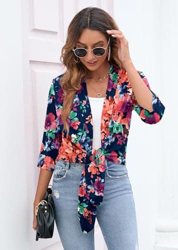 Heymoments Cardigan for Women Blue Colored Flower 3X-Large Draped Open-Front 3/4 Sleeve Lightweight Casual Soft Drape Summer Fall Kimonos Cardigans - Thumbnail 3