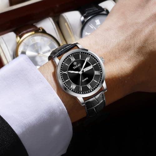Taxau Mens Watch Black Leather Band Waterproof Watches for Men Casual Analog Quartz Dress Watch Large Face Men's Wrist Watch Classic Luxury Watches with Day Date Luminous - Thumbnail 6