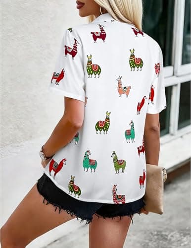 LILYCHIC Womens Short Sleeve Hawaiian Shirts V Neck Cowgirl Tshirts Button Down Summer Blouse Hawaiian Beach Outfit - Thumbnail 3