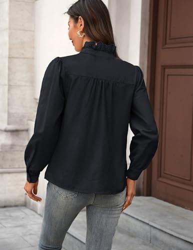 LOOKBOHO Women's Long Sleeve Shirts - Ruffle Lace Neck Button Down Tops Spring Dressy Elegant Solid Retro Blouse for Casual, Office, Work, Everyday Wear Black Large - Thumbnail 3