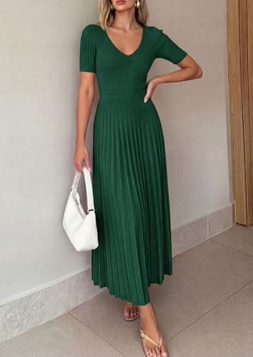 PRETTYGARDEN Women's 2026 Spring Midi Sweater Dresses Elegant Pleated Ribbed Knit Short Sleeve V Neck A Line Summer Outfits (Dark Green,Large) - Thumbnail 6
