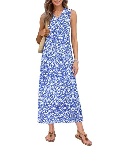 MISFAY Women Summer Maxi Dress Beach Vacation Sundress Sleeveless Casual Loose Shirt Dresses Boho Travel Outfits(Floral Blue White,XL) - Image 1