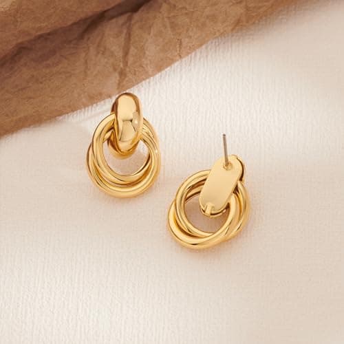 CUFELMU Gold Geometric Drop Dangle Earrings for Women Stud Small Twisted Link Earrings 14K Gold Plated Jewelry Gifts - Thumbnail 5