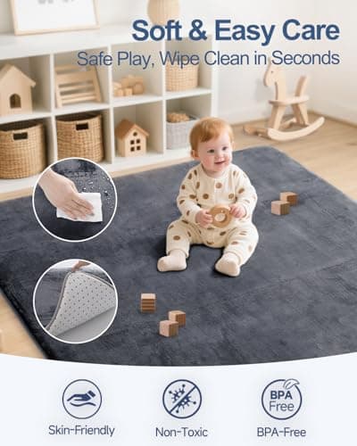 Thick Baby Play Mat for Floor,59 x 71 Playpen Mat,Large Tummy Time Foam Mats,Soft Surface & Plush Feel Nursery Rug,Easy Care with Non-Slip Cushioned for Infant,Kids and Toddler Crawling,Dark Grey - Thumbnail 3