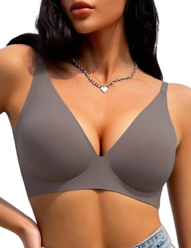 Tarbo Wireless Plunge Bra for Women – Seamless Jelly T-Shirt Bras, Sleep Bra, Deep V No Underwire Everyday Comfort Bralette with Light Support Lift, Adjustable Straps, Back Smoothing Coffee XL - Image 1