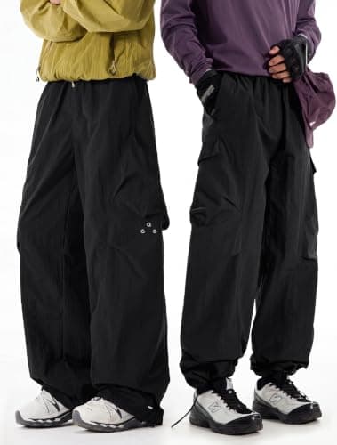 Areant Mens Baggy Hiking Cargo Pants Parachute Water Resistant Lightweight Wide Leg Pants Outdoor Climbing Trousers Black Large - Thumbnail 2