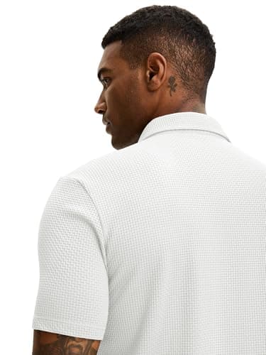 JEMLDL Men's Jacquard Sports Golf Polo Shirts Moisture Wicking Breathable Short Sleeve Performance Dry Fit Polo Shirts White M - Thumbnail 4