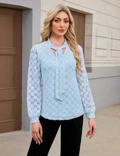 Blooming Jelly Womens Lace Long Sleeve Tops Tie Front Lined Dressy Blouse Fall 2025 Fashion Trendy Ladies Elegant Business Casual Outfit (X-Large, Light Blue) - Thumbnail 2