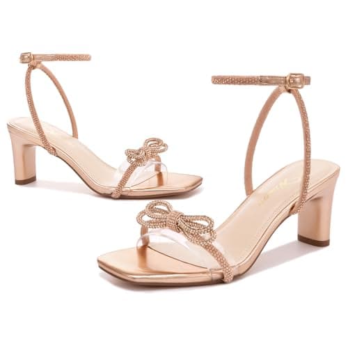 Athlefit Women's Rhinestone Bow Heels Open Square Toe Block Low Heel Sandals Dressy Buckle Heeled Champagne Prom Heels Size 7 - Thumbnail 5