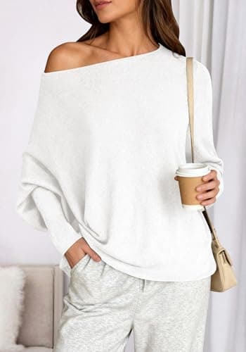 BTFBM Casual Fall Sweaters for Women 2026 Long Batwing Sleeve Ribbed Knit Tops Pullover Loose Off The Shoulder Sweater(White,Medium) - Thumbnail 5