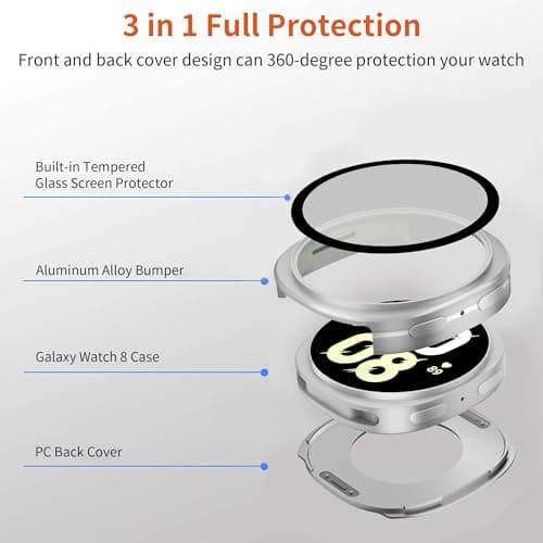 SDOCEBF 3 in 1 Rugged Metal Case for Samsung Galaxy Watch 8 44mm with Screen Protector, Lightweight Aluminum Bumper with Back Cover, Overall Protection Cover for Galaxy Watch 8, Silver - Thumbnail 2